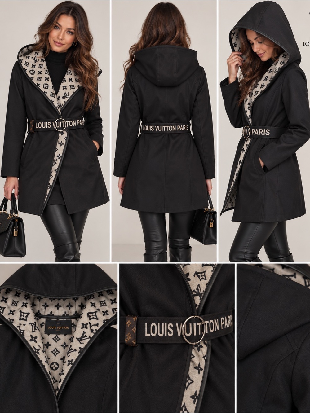 Black heavy hooded coat.